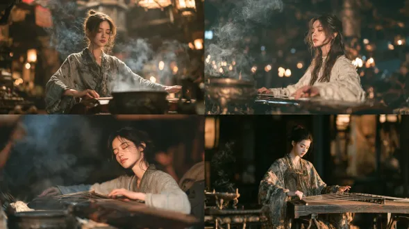 素雅古装女子弹奏古琴，古长安豪门厅堂，香炉飘袅袅青烟，对称构图，国风工笔质感，50mm定焦，暖柔侧光，青灰暖棕调，静谧悠然。