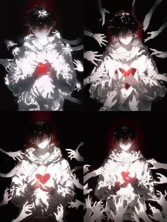 young and handsome boy, with disheveled, fluffy black hair, dim red eyes, a hollow and sad expression, wearing a loose and oversized white hooded sweatshirt, hands gently cupping his chest, with red light in his palms. surrounding him are countless semi- pale white ghostly hands reaching towards him from all directions. the background is entirely black, with a subtle dark red gradient at the character's back, a dramatic backlight edge light, the overall composition dominated by monochrome white tones, with bright red as the accent color. the atmosphere is ethereal and melancholic, with soft and blurred fault lines, a delicate ink wash style illustration, understated lighting effects, soft grain textures, and some silhouette effects, with high contrast. https://cdn-upload.qihuiai.com/images/image/20260812/41405187/384a5b807be3.jpg