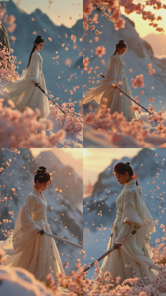 9:16竖屏，8k超清，电影级光影，日落雪山樱花崖顶，云海翻涌，暖金色夕阳光束洒落。白衣侠女侧身静立，双手扶于未出鞘的剑柄，面部转向镜头，眼神清冷锐利，广袖白衣素雅飘逸。空中细碎樱花缓缓飘落，光点浮动，背景层次虚化，中景构图，人物居中，整体画面静谧大气，武侠氛围感浓厚，无水印，肢体自然协调。负面提示词：模糊画质，画面失真，水印，文字，logo，现代建筑，现代服饰，塑料质感，光影混乱，肢体畸形，手部扭曲，五官变形，人物穿模，特效杂乱，多余杂物，多余人物，比例失调，残影过重。