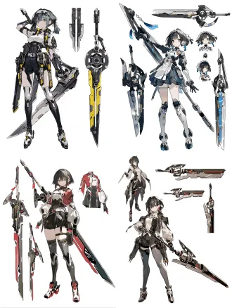 明日方舟，女生，构成感，角色立绘，白色背景，机能服饰，拼装，大型武器刀，近未来感，帅气，动态感，