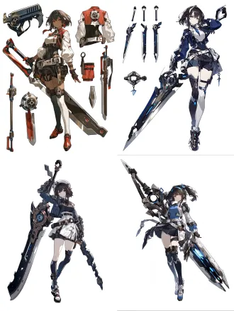 明日方舟，女生，构成感，角色立绘，白色背景，机能服饰，拼装，大型武器刀，近未来感，帅气，动态感，