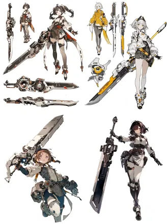 明日方舟，女生，构成感，角色立绘，白色背景，机能服饰，拼装，大型武器刀，近未来感，帅气，动态感，