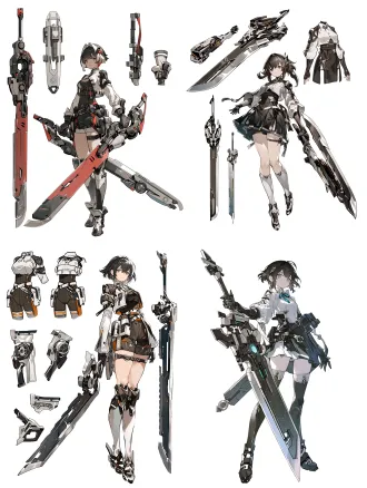 明日方舟，女生，构成感，角色立绘，白色背景，机能服饰，拼装，大型武器刀，近未来感，帅气，动态感，