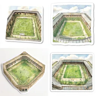 die-cut sticker, aerial view of a sunken courtyard football field surrounded by a low concrete perimeter building, bamboo courtyards nested around the field, tiny walking figures, green basin spatial feeling, hand-painted watercolor, studio ghibli inspired anime background art, soft aerial perspective, warm natural light, pastel clouds above roofline, nostalgic 1990s anime, thick white sticker border, isolated on flat white background, clean centered composition