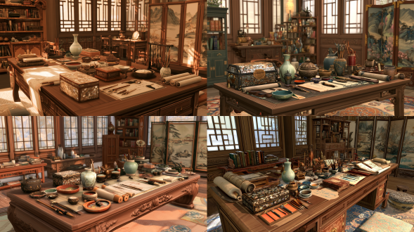【画室原图url】 【s4游戏截图url】 【茶桌道具参考url】 the sims 4 in-game screenshot, ancient chinese painting studio, large wooden table, delicately designed tabletop ornaments, mother-of-pearl lacquer box, celadon vase, incense burner, pigment bowls, writing brushes, ancient scrolls, wooden lattice windows, antique bookshelf, landscape folding screen, interior scene, game engine render, semi-realistic low-poly 3d assets, smooth rounded props, refined cute decorative details, clean neat textures, flat even ambient lighting, soft diffused daylight, very low contrast, subtle faint shadows, no strong highlights, no dramatic chiaroscuro, no sunbeams, no volumetric light, smooth object edges, no outline lines, no cel-shading, no hand-drawn strokes, clean matte material, fully sharp image, warm neutral brown tone, cozy cluttered study room