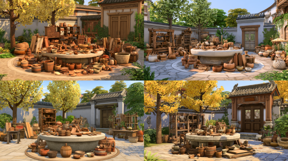 【庭院原图url】 【s4游戏截图url】 【古风茶桌道具参考url】 the sims 4 in-game screenshot, ancient chinese courtyard woodworking workshop, large round stone table, scattered traditional woodworking tools, wooden pots, ceramic bowls, wooden boards, woven baskets, old wooden storage shelf, ginkgo trees, grey courtyard wall, ancient chinese gate, green plants, interior-outdoor courtyard scene, game engine render, semi-realistic low-poly 3d assets, smooth rounded props, refined decorative details, clean neat textures, flat even ambient lighting, soft diffused daylight, very low contrast, subtle faint shadows, no strong highlights, no dramatic chiaroscuro, no dappled harsh sun shadows, no volumetric light, smooth object edges, no outline lines, no cel-shading, no hand-drawn strokes, clean matte material, fully sharp image, natural earthy tone, cozy cluttered workshop