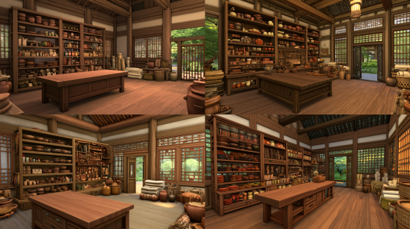 【漆艺工坊原图url】 【s4游戏截图url】 【古风茶桌道具参考url】 the sims 4 in-game screenshot, ancient chinese lacquer craft workshop interior, medium wide slightly low angle shot, spacious traditional timber frame room, large solid wood workbench placed diagonally, tall multi-tier wooden storage shelves neatly arranged on side wall, orderly placed lacquer bowls, lacquer plates and pigment containers, lacquer craft tools, wooden moulds, bamboo woven baskets, linen rolls, clay jars, wooden lattice windows, wooden gate leading to courtyard, soft green foliage outside window, game engine render, semi-realistic low-poly 3d assets, smooth rounded props, refined neat decorative details, clean matte textures, flat even diffused ambient lighting, very low contrast, subtle faint shadows, no harsh sharp shadows, no strong sun streaks, smooth object edges, no outline lines, no cel-shading, no hand-drawn strokes, fully sharp image, warm earthy neutral tone, tidy and well-organized art workshop, tabletop items arranged neatly, clean composition, props arranged systematically, not copying reference layout