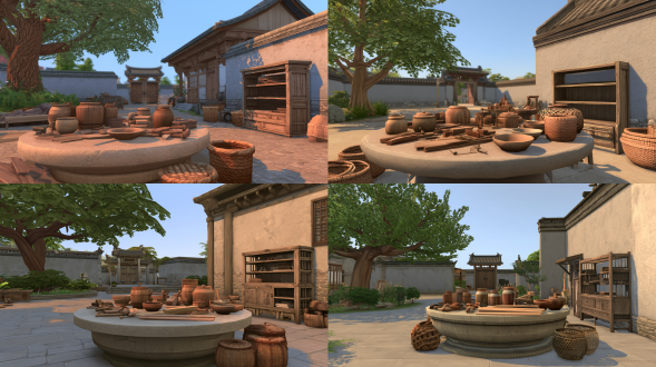 the sims 4 style environmental game screenshot, ancient chinese courtyard woodworking workshop, low-angle wide shot, foreground dominated by a huge round stone table, traditional woodworking tools, wooden jars, ceramic bowls, planks and woven rattan baskets scattered on the table, an old wooden storage shelf against the right wall, a large ginkgo tree on the left side, grey courtyard rammed earth walls, ancient chinese wooden gate in the distant background, clear foreground-middle-background depth layout, semi-realistic 3d game environment, low-poly assets but not cartoonish, realistic object proportions, props with slightly rounded solid shapes, delicate and neat restrained decorative details, clean textures, flat uniform ambient diffused lighting, very low contrast, soft faint shadows, no harsh highlights, no dramatic chiaroscuro, no sharp dappled sunlight spots, no volumetric light, smooth object edges, no outline lines, no cel-shading, no hand-drawn strokes, clean matte material, full image sharp, natural earth color palette, quiet and ancient workshop atmosphere