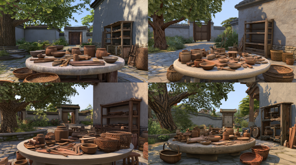 the sims 4 style environmental game screenshot, ancient chinese courtyard woodworking workshop, low-angle wide shot, foreground dominated by a huge round stone table, traditional woodworking tools, wooden jars, ceramic bowls, planks and woven rattan baskets scattered on the table, an old wooden storage shelf against the right wall, a large ginkgo tree on the left side, grey courtyard rammed earth walls, ancient chinese wooden gate in the distant background, clear foreground-middle-background depth layout, semi-realistic 3d game environment, low-poly assets but not cartoonish, realistic object proportions, props with slightly rounded solid shapes, delicate and neat restrained decorative details, clean textures, flat uniform ambient diffused lighting, very low contrast, soft faint shadows, no harsh highlights, no dramatic chiaroscuro, no sharp dappled sunlight spots, no volumetric light, smooth object edges, no outline lines, no cel-shading, no hand-drawn strokes, clean matte material, full image sharp, natural earth color palette, quiet and ancient workshop atmosphere