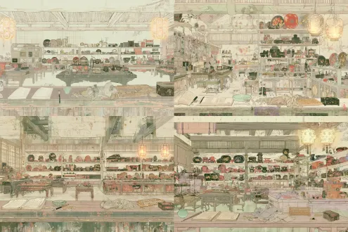 中国古代唐朝盛世背景下的漆艺店铺，2d游戏场景，横向16:9构图，固定平视视角，室内空间，结构规整，空间层次清晰。店铺位于繁华唐代市井中，室内明亮整洁，木质梁柱、格栅屏风、雕花案几、陈列货架与柜台精致考究，整体干净、华丽、富庶、典雅，不破旧，不破败。 货架上陈列唐代风格漆器：华丽漆盘、漆碗、耳杯、盒匣、奁盒、香盒、瓶器、陈设摆件、瑞兽纹样漆器、宝相花纹、卷草纹、云气纹、朱红黑漆器、描金漆器、螺钿镶嵌器物。柜台整洁摆放两本账册、一支毛笔、一只青瓷茶杯、铜钱、布袋、木算盘，旁边有小漆盒与待售器物。墙上悬挂两盏唐代纹样灯笼，暖光柔和，装饰精美。 画面采用传统中国水墨画与工笔淡彩风格，细腻毛笔线稿，淡彩平涂，局部描金与朱砂点缀，宣纸质感但不脏旧，色彩温润明快，低饱和朱红、黛黑、赭石、米黄、青绿为主，呈现盛唐时期富庶雅致的商业店铺氛围。细节丰富，器物轮廓清晰，货架、柜台、主要漆器、灯笼、账册、毛笔、茶杯、铜钱、布袋、算盘均可作为独立资产拆分。 无人物，无动物，无妖怪，无现代电器，无现代家具，无现代文字，无水印，无logo，无签名。