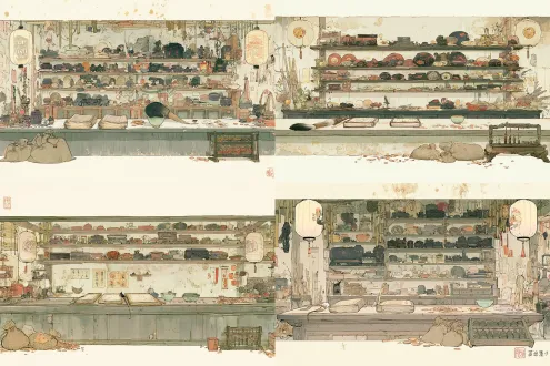中国古代志怪题材2d游戏场景，一间充满烟火生活气息的古代民俗漆艺店铺，室内空间，固定平视游戏视角，空间布局清晰明确，物品轮廓干净锐利，货架、柜台、各类器物可单独分层拆分。 传统中国工笔+水墨白描画风，细腻毛笔勾线，线条流畅有粗细顿挫变化，淡墨层层渲染，泛黄旧宣纸肌理质感，纸张带有自然斑驳岁月痕迹。 低饱和度配色，主色调赭石、灰绿、黛青、淡朱砂红、米黄，色调温润古朴，营造温暖又略带神秘的东方民俗氛围。 店内陈设：多组古朴木制货架，货架分层摆满各式漆器，漆制饮食碗盘、收纳匣盒、漆雕陈设摆件，搭配少量传统竹木器物；店铺墙面悬挂两盏带传统中式纹样的纸灯笼；店铺前方木制柜台，柜台平放2本线装账册、一支狼毫毛笔、青瓷茶杯、散落铜钱、麻布钱袋、老式木算盘。 画面细节丰富精致，光影柔和漫射，无强烈硬阴影，无人物、无妖怪、无动物角色。 无现代电器、现代家具、现代文字、logo、水印。 2d游戏原画，背景场景图，清晰分层资产属性