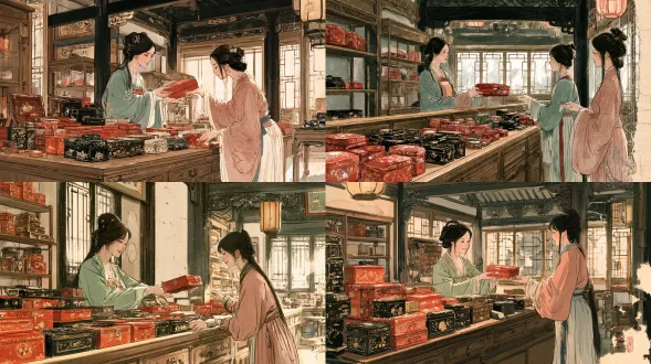 traditional chinese lacquerware shop interior, medium-close shot, wooden counter filled with exquisite vermilion and black lacquer boxes, gold floral inlay, mother-of-pearl details. two elegant ancient chinese women in celadon green and dusty rose hanfu, shopkeeper presenting a red lacquer box to a customer. traditional wooden shelves, lattice windows, carved beams, warm lantern light. chinese traditional gongbi painting mixed with expressive ink wash and delicate watercolor, fine sepia hand-drawn outlines, natural brushwork, translucent light washes, muted earthy pastels, aged rice paper texture, visible paper fibers, subtle pigment bleeding, elegant oriental folk illustration, intricate details, soft natural lighting, clear spatial depth, accurate two-point perspective, intimate atmosphere, no text, no animals, no 3d, no photorealism