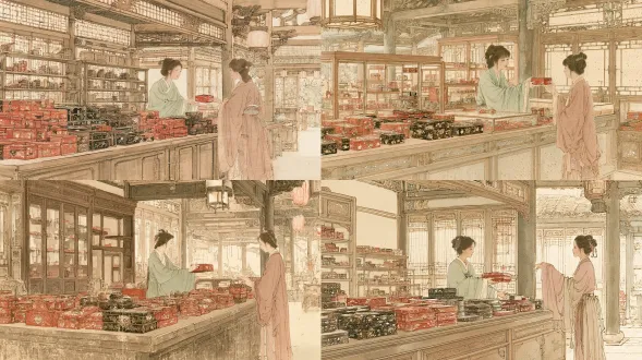 traditional chinese gongbi, expressive ink outlines, light mineral pigments, delicate hand-painted strokes, aged rice paper texture .traditional chinese lacquerware shop interior, medium-close shot, wooden counter filled with exquisite vermilion and black lacquer boxes, gold floral inlay, mother-of-pearl details. two elegant ancient chinese women in celadon green and dusty rose hanfu, shopkeeper presenting a red lacquer box to a customer. traditional wooden shelves, lattice windows, carved beams, warm lantern light. chinese traditional gongbi painting mixed with expressive ink wash and delicate watercolor, fine sepia hand-drawn outlines, natural brushwork, translucent light washes, muted earthy pastels, aged rice paper texture, visible paper fibers, subtle pigment bleeding, elegant oriental folk illustration, intricate details, soft natural lighting, clear spatial depth, accurate two-point perspective, intimate atmosphere, no text, no animals, no 3d, no photorealism