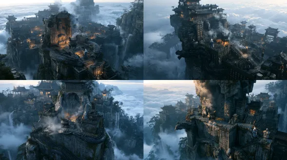 暗黑破坏神 4 arpg 游戏截图，45° 等轴俯视角，无 ui，写实粗粝 pbr 材质，8k，电影构图。黎明，漂浮云海之上的武当金顶太和宫，多层道教建筑群。 视觉中心：庭院中央，整块山体开凿的大型嵌入式石龛，属于太和宫本体，石龛、宫墙、台基、石阶、供台同源山岩，尺寸与周边建筑匹配。龛内老君浅浮雕与岩壁无缝融合，法相庄严，云浪状袍服，浮雕高度不高于殿宇。一体凿刻玄螭石龙，半嵌龛体基座，昂首长啸，龙身环绕石龛，爪搭龛沿，鳞甲深刻，比例协调。岩石裂隙、衣褶、龙身、台阶侧壁深刻小篆道德经，部分覆苔藓；全石材风化、烟熏、矿物结晶质感统一。原生石供台与月台衔接，居中放置带云雷星纹的古青铜鼎，布满铜锈，沿中轴线对齐。 微特效：青铜鼎升起圣烟，沿衣纹、龙身、经文沟槽流动；老君面部、龙首、经文凹槽微弱暖光，无强光。 文化基调：正统道教圣地，宫观以此圣龛为核心，神像、石龙、经文、礼器组成古老仪式空间。 场景道具：青铜香炉、赑屃碑、烛台、丝绸幡旗、浮雕木门。中景殿宇、山门、回廊、拱门、钟鼓楼、露台。背景云海、雾山、瀑布、雾中松林。金色体积光照亮琉璃瓦。次要焦点：正常身高白发老道，尺度参照，远小于石龛门洞，人建筑比例真实；灰蓝道袍长须，手扶青铜剑，立于龛旁。冷灰蓝主色调，暖金高光，肃穆神秘。