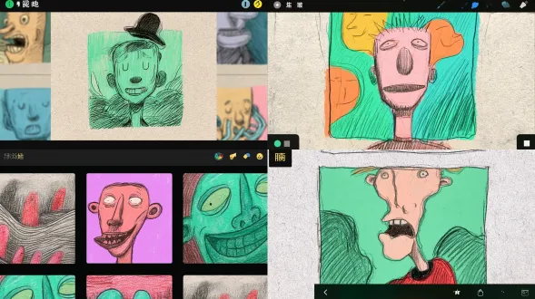 portrait of hollow man, forced smile with empty eyes, illustration style by darren shaddick, whimsical distorted irregular figures, bold retro flat color blocks, thick playful outline, loose colored pencil sketch texture, visible pencil hatching strokes, rough imperfect linework, textured sketch paper grain, hand drawn scanned art, old analog drawing feel, quirky expressive character design