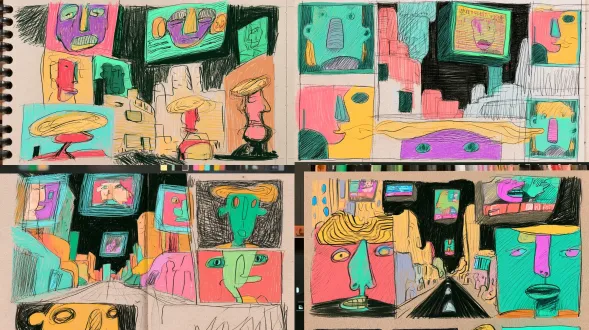 loose colored pencil sketch, rough hand-drawn hatching lines, textured kraft sketch paper, distorted whimsical illustration style, imperfect sketch outlines, darren shaddick aesthetic, hand drawn grain, bold flat pop color block, crayon texture, no clean vector, no smooth rendering.cyberpunk city street with giant floating holographic advertisement billboards for emotion subscription, distorted irregular buildings, loose colored pencil sketch, rough hand-drawn hatching lines, textured kraft sketch paper, distorted whimsical illustration style, imperfect sketch outlines, darren shaddick aesthetic, hand drawn grain, bold flat pop color block, crayon texture