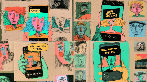 distorted girl holding smartphone, showing perfect curated social media photo, phone screen pop-up text "real emotion offline", loose colored pencil sketch, rough hand-drawn hatching lines, textured kraft sketch paper, distorted whimsical illustration style, imperfect sketch outlines, darren shaddick aesthetic, hand drawn grain, bold flat pop color block, crayon texture