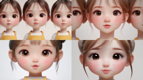 现代萌系女主3d角色设定图，纯白无缝背景，多视图排版，鹅蛋脸婴儿肥，栗色丸子头带碎发，淡黄围裙配玩偶，次世代pbr材质，octane渲染，8k超高清，电影级柔光，皮肤次表面散射，发丝根根分明，布料纹理真实，甜美冷萌氛围感