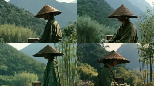 徐克武侠风格，一个带着斗笠低头遮挡脸部的年轻俊朗男子上半身侧身正对镜头穿着青色的侠客装扮，身后背着一个小木箱子，左边是森林竹林。后景是山