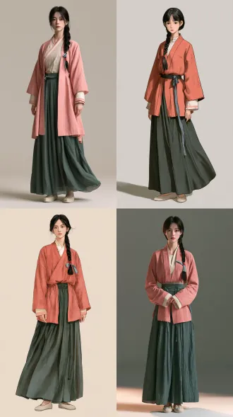 25岁古代女孩，年轻女子体态、浅绯色细棉半臂短褙子（布纹细密挺括、窄袖利落、收腰短款、衣摆及腰）内衬月白色细棉交领中衣（领口微露、袖口滚浅绯细边）、豆青色细棉齐腰百褶长裙（高腰束腰、裙摆及踝、垂坠飘逸、微风轻飘）、素面软底干净布鞋、乌发编成的利落单麻花辫（单侧垂落于肩前、辫身匀紧、发尾细红绳或淡青布带束好），正面全身