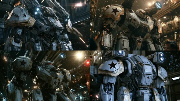 retro sci-fi epic mecha "bai di" (white emperor), 15-meter tall humanoid battle mecha, silver-gray alloy armor, gold chinese beast-face and taotie patterns etched along armor edges, dark red five-pointed star insignia on left shoulder pauldron and left chest plate, twin shoulder energy cannons folded in standby mode with blue-white led cores, cockpit hatch split into upper and lower sections with overlapping thickened armor, full body shot, front three-quarter view, floating in deep space hangar, starfield background, imax 70mm film still, 35mm kodak 5219 film grain, technicolor color grading, asian red warm gold cool gray palette, desaturated cool gray base, vignette, anamorphic lens flare, high contrast lighting, high-precision alloy texture, practical live-action look, cinematic epic, no text