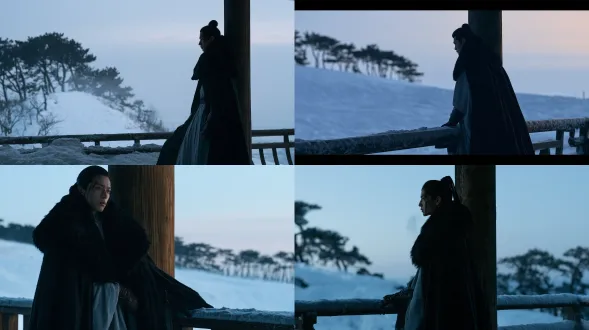 a snow ridge and a lone pavilion at blue dawn, where cold snow light is the dominant field and a dark fur-collared cloak forms the strongest dark shape. a lone wuxia man stands paused off-centre in the right third, 18% of frame height, leaning near a wooden pillar. he is an adult man in his early thirties, clear cheekbones, narrow long eyes, thin lips, an old scar on the left brow, black hair tied back, lean upright build. he wears a black fur-collared cloak over a pale grey inner robe, leather wrist guards, and a wind hood; breath vapor in the cold air. his gaze is directed toward a snow path beyond the pavilion. 50mm medium-wide, camera inside the pavilion, three-quarter side view. foreground snow-dusted railing, middle ground figure and pillar, background ridge, pine silhouettes, pale sky. the dark cloak is the first anchor, the snow path the second, the pine ridge the third. quiet, frozen, austere.