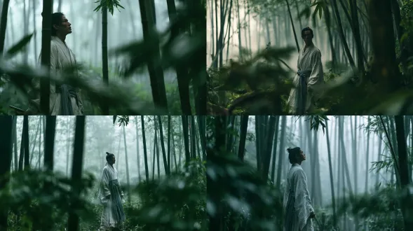a bamboo grove in morning mist, where layered green verticals and soft fog create a quiet graphic field. a lone wuxia man stands paused off-centre in the left third, 22% of frame height. he is an adult man in his early thirties, clear cheekbones, narrow long eyes, thin lips, an old scar on the left brow, black hair tied back, lean upright build. he wears a moon-white hemp robe with a grey-blue sash, a wooden hairpin, and cloth shoes. his gaze is directed toward a high bamboo leaf with a water bead. 85mm medium portrait, camera at chest height, slight low angle. foreground blurred bamboo leaves, middle ground figure and sash, background mist layers. the moon-white robe is the first anchor, the bamboo verticals the second, the distant mist the third. calm, fresh, restrained.