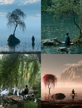 当代豪宅镜面静水庭院，轻侘寂，浅静水面，一块自然崩口哑光孤石半沉水中，水面零星飘落鸡爪槭红叶，岸边悬挑碳化木窄坐板，单株飘逸造型鸡爪槭，枝桠垂向水面，下层搭配古铜矾根、细芒草，干净极简，水面无多余喷泉，黄昏柔和漫射柔光，一位穿深灰色亚麻衬衫男士，独自坐在木坐板上，背影，安静观水，人物很小，融入环境，画面留白充足，无多余摆件，写实景观摄影，细腻石材木纹质感，低对比度，静谧氛围