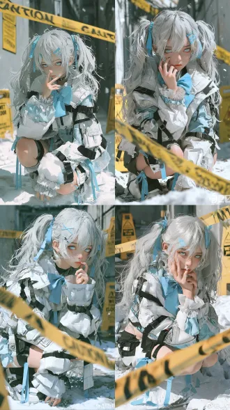 photorealistic cinematic medium shot, young east asian girl with long silver-white twin tails and loose messy strands, blue ribbon hair ties and blue hair clips, light blue eyes, cold aloof expression, her left hand raised with fingers touching her lips and cheek, fair pale skin, wearing a layered white and ice-blue street techwear jacket with a large blue bow at the collar, black straps and belts, oversized sleeves with ruffled cuffs, patches on the arm, black and white bottoms with blue ribbon accents, crouching slightly in a snowy industrial alley, yellow caution tape diagonally crossing the frame, yellow wet floor warning signs, concrete walls, white snow on the ground, bright cold daylight, snow reflections, muted desaturated tones, cinematic lighting, shallow depth of field, ultra-realistic skin and fabric textures, 8k