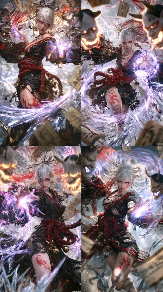 photorealistic cinematic shot, beautiful east asian young woman, long white hair streaked with red highlights, sharp red eyes, traditional black torn kimono with red trim, thick red rope obi, golden hairpins and bell ornaments, red flame tattoo on thigh, dynamic combat pose, glowing purple magical energy surging from palm, two giant glowing oni demon masks with horns on both sides of frame, swirling vortex of purple energy and sharp ice shards, floating ancient japanese scrolls with calligraphy, dramatic rim lighting, realistic skin texture, fabric wear and tear details, particle effects, depth of field, 35mm portrait lens, film grain, fantasy action scene, 8k