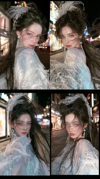 photorealistic selfie shot, beautiful east asian young woman, messy high voluminous hairstyle, silver crystal feather hair ornament decorated with tiny pearls and dangling chains, delicate light snow-white mark on forehead, bright blue eyes, long flowing dark brown hair blowing gently in wind, star-shaped crystal tassel earrings, wearing sheer translucent pale blue and white feather-style outfit, lots of silver crystal decorations, sparkling sequins on fabric, night city street background, city neon ambient light, shop window lights, shallow depth of field, realistic skin texture, soft bokeh, portrait photography, 35mm lens, fine film grain, 8k
