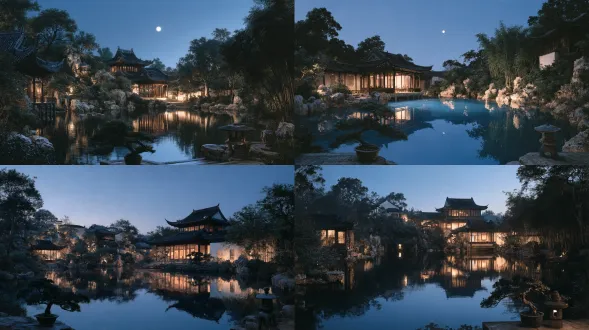 深蓝夜色，厚涂笔触加胶片颗粒。江南庭院深处，飞檐、假山与竹林围合一方静池，池面如镜，完整倒映着冷蓝的天光、檐角与竹影。四围建筑与树石沉入极深的暗部，仅靠水面与天光的微弱反照勾出结构轮廓，暗得有层次。池边一盆造型松树与一盏未点的石灯笼作前景。无人，景是绝对的主角。暗部颗粒细密，水面的亮是天鹅绒般的冷蓝，全画无一处暖色。静，夜深得能听见水。