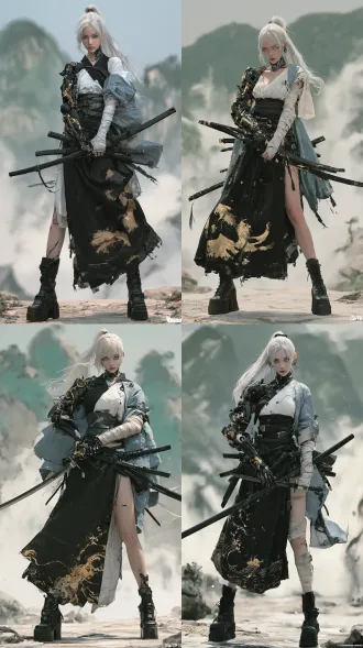 photorealistic cinematic full-body portrait, beautiful east asian young woman, long white hair tied into high ponytail, subtle mechanical neck implant, cold yet soft facial features, pale blue eyes, wearing black and white modern samurai outfit with blue-gray haori, wide obi belt, high-waisted black skirt with golden ink-wave embroidery, mechanical left arm with black and gold articulated plating, bandaged right arm, holding a long katana crossed in front of body, multiple swords sheathed at waist, black platform combat boots, standing on misty mountain path, distant ink-wash green mountains, swirling fog, soft backlighting, realistic skin texture, metallic armor reflections, silk and cotton fabric detail, shallow depth of field, 35mm lens, fine film grain, cyberpunk meets japanese ink-wash warrior scene, 8k