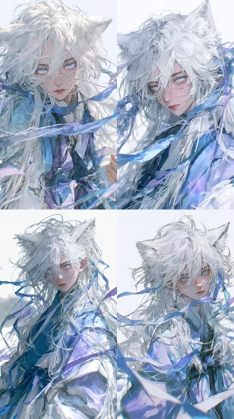 photorealistic cinematic portrait, beautiful east asian young girl, fluffy white fox ears, messy long flowing silvery-white hair, pale icy blue eyes, calm and gentle expression, wearing layered traditional robe with gradient blue and purple fabric, floating blue and purple ribbons winding around character, soft cool tone color palette, subtle chromatic aberration edge glow effect, clean simple white background, soft diffused studio lighting, realistic skin texture, fine hair strands, translucent fabric texture, shallow depth of field, 35mm lens, delicate film grain, 8k