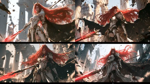 photorealistic cinematic full-body shot, beautiful east asian young woman, long flowing bright scarlet red hair, small golden horns on forehead, wearing gorgeous white and gold heavy fantasy armor, black cloak fluttering in wind, holding a huge spear with glowing crimson red energy blade, standing among ancient broken classical column ruins, flying rubble and debris suspended in air, dust particles floating, strong dramatic daylight, volumetric atmosphere, realistic metal armor reflection, lifelike skin texture, dynamic wind-blown hair and fabric, shallow depth of field, panavision 35mm lens, fine film grain, epic battle scene, 8k