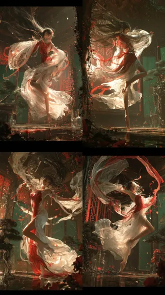 cinematic fantasy realism, an east asian girl in a historical oriental garden at night, wearing a red and white translucent elegant dress, her long hair, sleeves and ribbons swept by wind, creating strong diagonal movement, one leg slightly bent, body light as a dancer, calm and determined expression. ancient wooden architecture, red lattice windows, green painted screens, pine bonsai, glass vases, vines and red flowers, dim floor reflections, strong rim lighting, red and green color contrast, soft volumetric light, floating petals, photorealistic skin, delicate facial features, elegant anatomy, hyper detailed, vertical composition