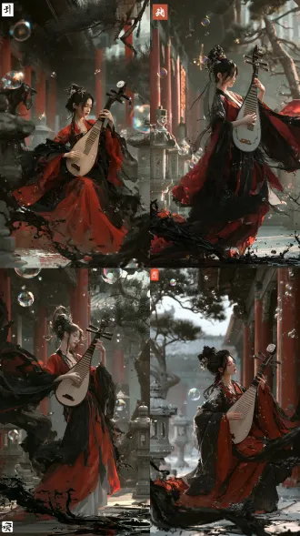 cinematic hyperrealism, young east asian ancient girl, wearing red and black wide-sleeve hanfu, elegant high bun with classical hair ornaments, playing pipa under the corridor of ancient chinese courtyard, wide robe fluttering in wind, background with ancient palace red pillars, stone lanterns, old pine trees, glowing iridescent bubbles floating in air, ink fluid flowing on ground, cold oriental aesthetic atmosphere, soft side ambient light, realistic delicate skin texture, natural fabric folds, strong depth of field, vertical composition, ultra-detailed