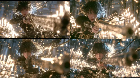 cinematic horizontal composition, accurately preserving the character's pose, dual-grip rifle action, black-gold outfit, and the gorgeous sacred battle atmosphere from the reference image. a young female character positioned slightly left of center, short black hair with cold blue highlights, wearing a black-gold carved crown hair ornament, clear unobstructed face, no glasses, intense and focused expression. both hands accurately hold one ornate black-gold engraved rifle, fingers gripping the weapon firmly, body leaning forward, the rifle extending toward the right foreground while maintaining the original dynamic battle momentum. she wears a black fitted battle gown with golden metal fittings, lace, leather vambraces, and detailed waist armor, preserving the black-gold fantasy game character aesthetic. background is an ancient stone temple with brilliant candlelight, warm golden backlight from the right outlining hair strands, crown, weapon edges, and flowing ribbons, while cold blue shadows define the face and body volume. golden particles, petals, and bokeh float in the air, cinematic depth of field, the nearest muzzle and foreground light trails softly blurred, while the character's eyes, hands, and weapon remain crisp. ultra-detailed textures, engraved metal, leather, fabric, gems and fine hair strands, epic fantasy game cg, aaa character rendering, realistic anime-game fusion style, gorgeous sacred battle atmosphere