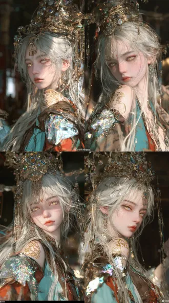 vertical composition 9:16, photorealistic, half body portrait of young east asian girl, silvery white long hair, wearing gorgeous ornate golden ancient chinese crown inlaid with colorful gemstones and tassel pendants, delicate antique earrings, light golden eyes, calm and cold expression. gilded pattern tattoo on shoulder, wearing traditional ancient hanfu, costume with cyan, brown and red color palette, iridescent pearlescent laser fabric shoulder armor, rich fabric folds. background is ancient chinese palace hall, dim atmosphere, soft side lighting, painterly light and shadow, realistic delicate skin, fine individual hair strands, cinematic atmosphere, ultra-realistic portrait, rich details