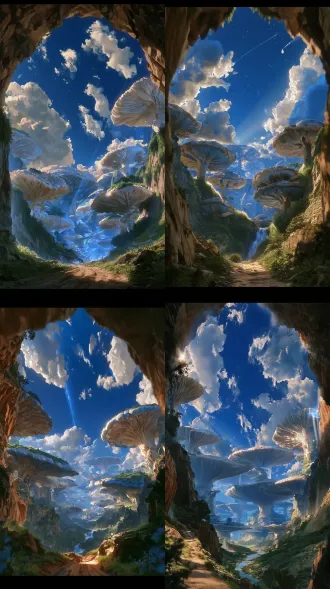vertical 9:16, photorealistic fantasy landscape, view looking out from a dark cave opening, a dirt trail stretching forward, valley filled with giant umbrella-shaped mushrooms, huge layered mushroom caps with realistic texture, lush green grass growing at mushroom bases. bright deep blue sky above with fluffy white clouds, sunlight illuminating mushroom surfaces, rich light and shadow. foreground cave rock is blurred, giant mushroom colony in midground stays sharp, cinematic depth of field, natural daylight, 8k, photo-realism, grand peaceful alien world scene