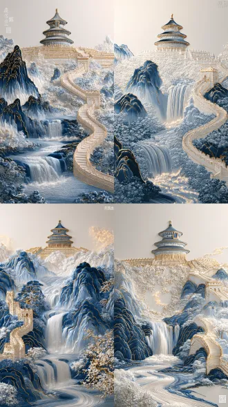 photorealistic chinese embossed embroidery art, temple of heaven and the great wall, outlines stitched with gilded gold threads, blue and white gradient embroidered mountains, waterfall and stream, interlaced floral patterns, light off-white background, delicate embroidery texture, faint glowing golden thread, soft even lighting, exquisite luxury style, ultra-detailed, macro texture, 8k, realistic photograph