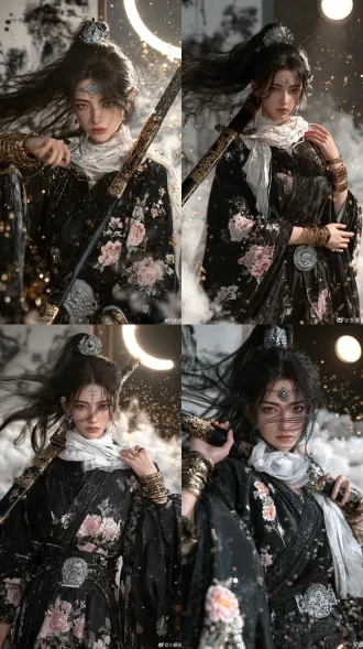 photorealistic chinese wuxia cg portrait, young east asian female swordswoman, high tied black flowing hair, silver carved gem forehead ornament, white scarf, black cross-collar hanfu robe embroidered with pink and white peony flowers, silver relief waist seal, multi-layer gold bracelets, right hand holding a black gold carved long sword leaning on shoulder, ancient pattern on blade. ink wash landscape screen background, dense white fog, floating golden light spot particles, circular spotlight beam at top right, ink wash and realism fusion, cinematic side backlight, strong light and shadow contrast, exquisite cold facial features, ultra detailed, epic wuxia atmosphere, half body composition