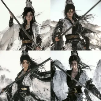 超写实东亚少女武侠肖像，正方形1:1构图，半身镜头，黑发高束搭配精致银质古风冠饰，长耳坠，胸口精致花形纹饰。少女一手紧握着一柄古风长剑，剑身斜跨画面，黑白水墨国风武侠服饰，外层半透银白纱衣带有鳞纹暗纹，内搭黑衣，宽袖飘逸，配有黑金雕花腰带、皮质护腕与银链配饰，发丝随风飞扬。背景是淡雅水墨远山云雾，留白构图，干净高级，柔和自然光，写实皮肤质感，锐利清冷的侠女气质，电影人像光影，8k超高细节