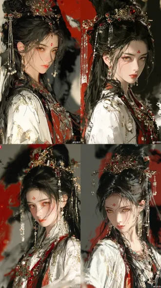 photorealistic ancient east asian young girl, vertical 9:16 bust portrait, elaborate high black hair updo, golden hair crown set with red gemstones, pearl tassel ornaments, cinnabar forehead mark, amber eyes, dignified and cool temperament, white and red hanfu with gilded patterns, layered gem and pearl jewelry, red and black ink wash background, soft side lighting, realistic skin and silk texture, 8k ultra-detailed