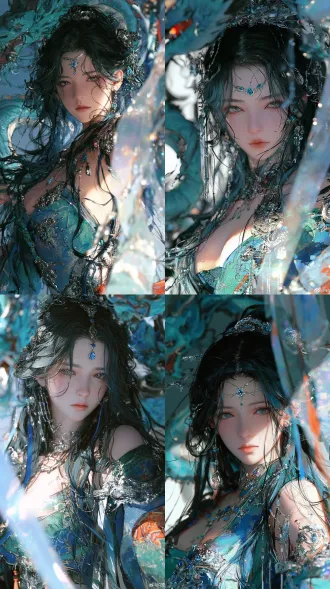 photorealistic east asian young girl, vertical 9:16 bust portrait, gradient ink-blue long hair, delicate sapphire forehead ornament and matching jewelry set, gorgeous blue-green ancient costume, silver carved accessories, cyan dragon coiled in background, fantasy chinese ink blue scene, soft translucent glow, pearlescent gem texture, realistic skin and embroidered fabric details, 8k ultra-detailed