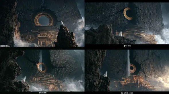 photorealistic epic chinese style scene, wide low-angle shot 16:9, huge cracked black stone wall carved with golden scriptures, gilded circular artifact embedded in wall crack, magnificent ancient chinese multi-tier palace building below, intricate golden carvings, rugged rocky cliff in foreground, lone figure in white robe standing on cliff, swirling mist, dark gloomy atmosphere, cinematic lighting, detailed rock and ancient building texture, 8k ultra-detailed