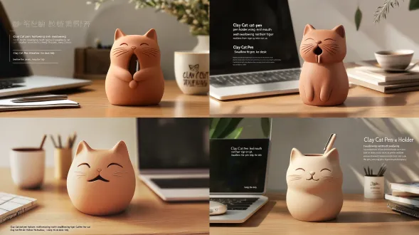 请帮我生成一张“瓦猫笔筒”的实物方案概念图 产品描述： 瓦猫蹲坐姿态，张开的“吞邪大口”作为笔的入口。瓦猫大嘴朝上张开，笔从上方插入口中，侧面看是瓦猫在“吞”笔。整体高度约10cm，口径约8cm。瓦猫形态做了简化和萌化处理，保留“似虎非猫”的特征，但不凶。 视觉风格： · 温润、治愈、安静，不要工业风，不要冷硬金属感 · 颜色：低饱和度大地色系——陶土色、奶油白为主，点缀少量灰绿 · 材质：哑光陶土或哑光陶瓷质感，表面有轻微手工肌理，不反光 · 造型：圆润、有弧度，不尖锐，边缘打磨光滑 使用场景： 放在一张木质书桌上，旁边有笔记本电脑、几本书、一杯咖啡。自然光从侧面照进来，有柔和阴影。桌面干净、有秩序感。 输出要求： · 一张主图：瓦猫笔筒放在书桌上的使用状态，笔插在瓦猫嘴里 · 图片比例16:9，高清，适合放入ppt · 角落标注“瓦猫笔筒”和一句话功能说明：“吞笔入腹，桌面不乱” · 不要出现真实品牌logo，不要出现文字水印 · 风格参考：日式杂货、无印良品、手作陶瓷器物、小红书家居博主拍的桌面照片