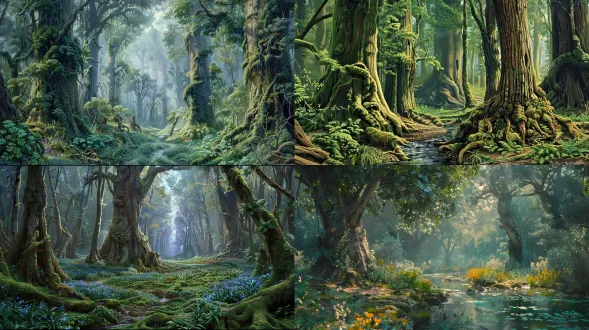masterpiece, best quality, ultra-detailed matte painting, deep ancient primeval conifer and hardwood forest, immersive deep woodland view, towering centuries-old cedar, spruce and broadleaf trees, massive gnarled trunks wrapped in thick velvety green moss, heavy hanging lichen, tangled ferns, wood sorrel and wild bluebells carpet the forest floor, small clear brook trickling over smooth mossy stones between tree roots, dense layered underbrush, soft dappled morning sunlight filtering through the dense overlapping canopy, floating thin cool mist hanging close to the ground, gentle volumetric god rays pierce the canopy, cool damp atmospheric haze, soft diffused shadows, quiet still untouched old-growth wilderness, deep depth, strong foreground midground background layering, atmospheric perspective, painterly brush texture, realistic foliage and bark details, muted natural earthy color palette, fantasy environment concept art, art by andreas rocha, greg rutkowski, craig mullins, subtle brushwork, no harsh oversaturation, no glowing elements