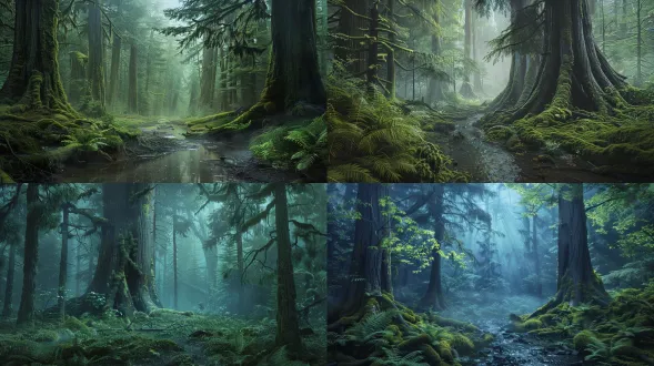 wide cinematic landscape, ancient temperate rainforest, giant old cedar trees, massive moss-covered roots, winding shallow stream, ferns and lush undergrowth, thin mist floating in air, glowing aurora borealis swirling above treetops, soft ethereal colored light spills down through branches, dim ambient light, damp quiet night atmosphere, hyperrealistic, photorealistic, intricate texture, wet bark, thick moss, subtle water glow, natural depth of field, cinematic atmosphere, muted teal and deep emerald palette, 8k, masterpiece