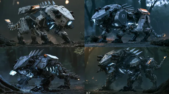 ultra-realistic cinematic single-view full-body industrial concept design of "x7", a large quadruped mechanical unit, strictly non-humanoid, no arms, no hands, no bipedal human body, no human face. single three-quarter side view, slightly low camera angle to make the machine look massive and imposing, entire machine fully in frame from head to tail tip and from ground contact points to spine fins, no cropping, no cut-off parts, one view only. large quadruped machine: shoulder height 2.4m, body length 4.6m, tail length 1.8m, high shoulder hump, long low body, heavy front mass. conceptual monolithic industrial design: wedge-shaped narrow metal head with layered angular panels, four independently rotating optical marker points in a cross arrangement with dark red faint glow and tiny white internal reflections. front hinged panel slightly open, internal blue-white light strips glowing from the seam. visible outer metal frame covered by large semi-transparent composite panels, blue-white light strips pulsing beneath panels. seven blade-like energy-diverter fins along the spine, raised and aggressive. reverse-jointed digitigrade four legs, thick hydraulic limbs, four-toed black metal ground contact points, small cooling vents at wrist and ankle joints with faint white heat vapor. seven-segment articulated metal tail ending in a small tail-end indicator module with amber light. shoulder panels partially unfolded showing an orange-white light projection module. hyper-realistic materials: brushed metal, micro scratches, oxidation spots, hydraulic rods, surface-mounted cables, soot and wet forest mud on lower legs. self-illumination physically lights the ground beneath and nearby tree bark. background: dark misty forest dawn, softly blurred, low angle looking slightly up, not blocking the full silhouette. warm 5600k rim light from rear-right, cool 6500k fill from shadows. 35mm lens, f/5.6, full body sharp, strong silhouette readability, massive scale, imposing presence, arri alexa mini lf, arri logc3, vision3 500t emulation, high contrast low saturation, fine organic grain, ue5 lumen physically correct cg, cinematic industrial concept art, 16:9, no text, no watermark.